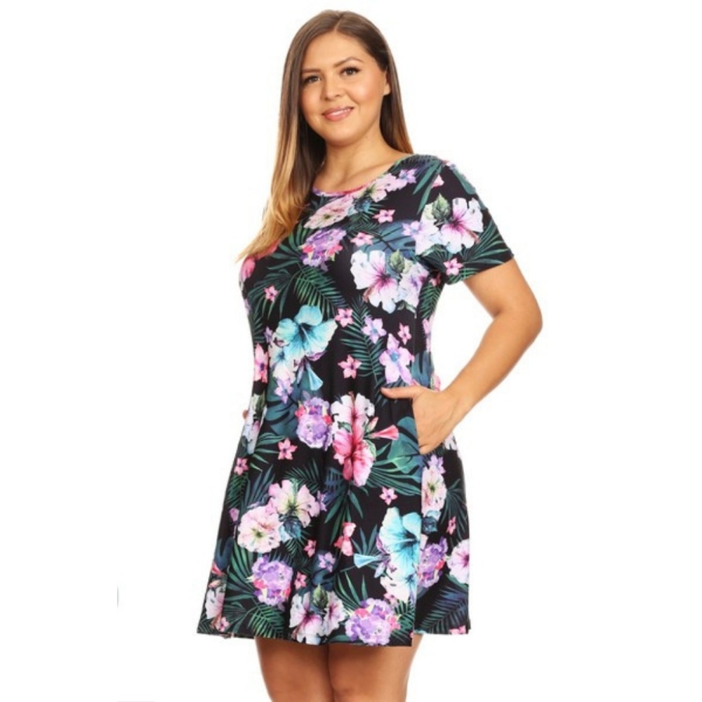 Women's Tropical Floral Print Fit Flare Dress BLK - Picture 2 of 6